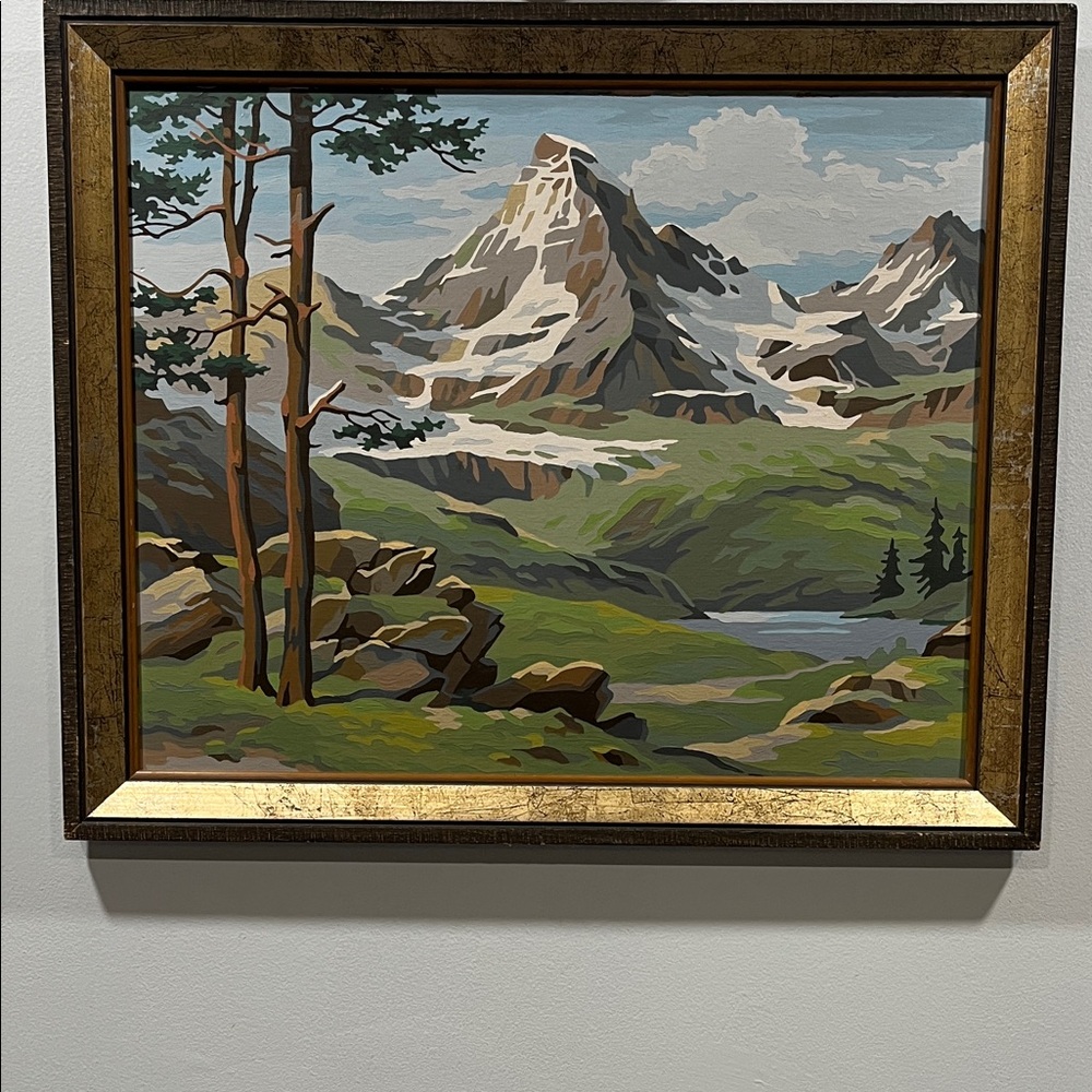 Vintage Paint-by-Number Mountain Landscape (Framed)